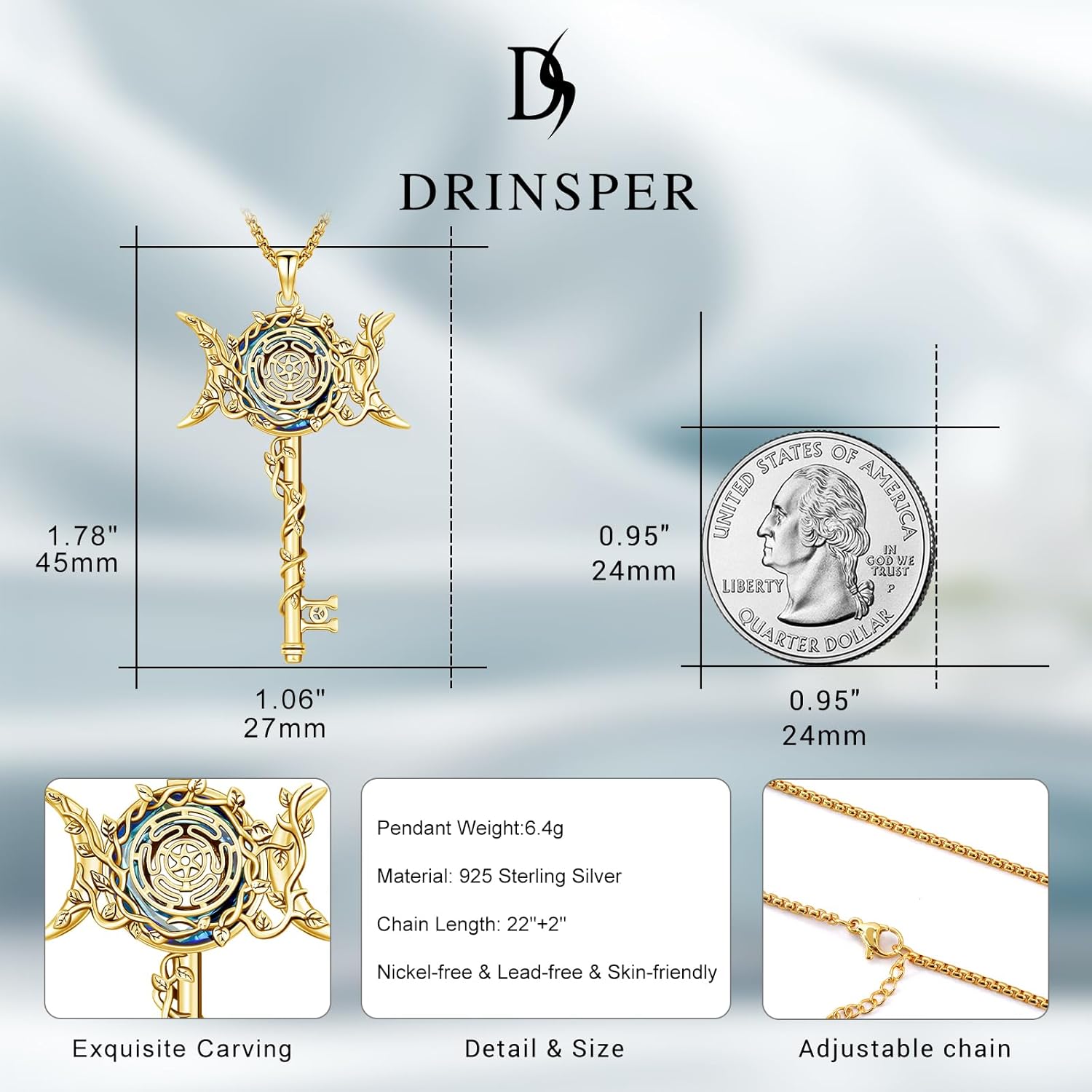 Hecate Key Necklace Hekate Triple Moon Goddess Pentagram Wheel Key Pendant 925 Sterling Silver Hecate Wiccan Pagan Magic Witchcraft Tetragrammaton Amulet Jewelry Gifts for Women Men - Image 2