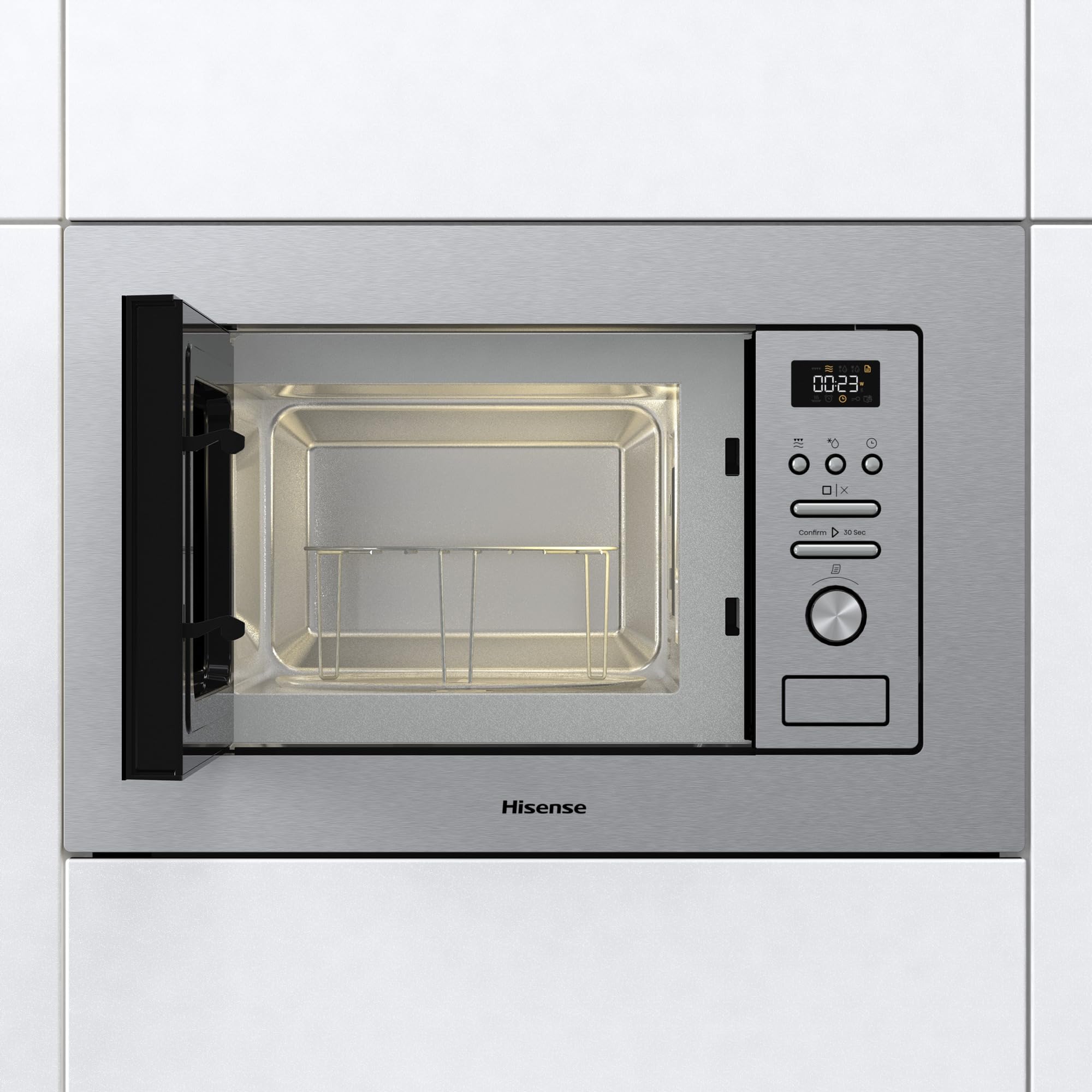 Hisense BIM320G41X - Microondas Integrable, 1000W, 20L, Alto 38.8cm x Ancho 59.5cm, Color Inox, 5 Niveles de Potencia, 15 Programas Preestablecidos, Grill Combo, Descongelar por Tiempo o Peso