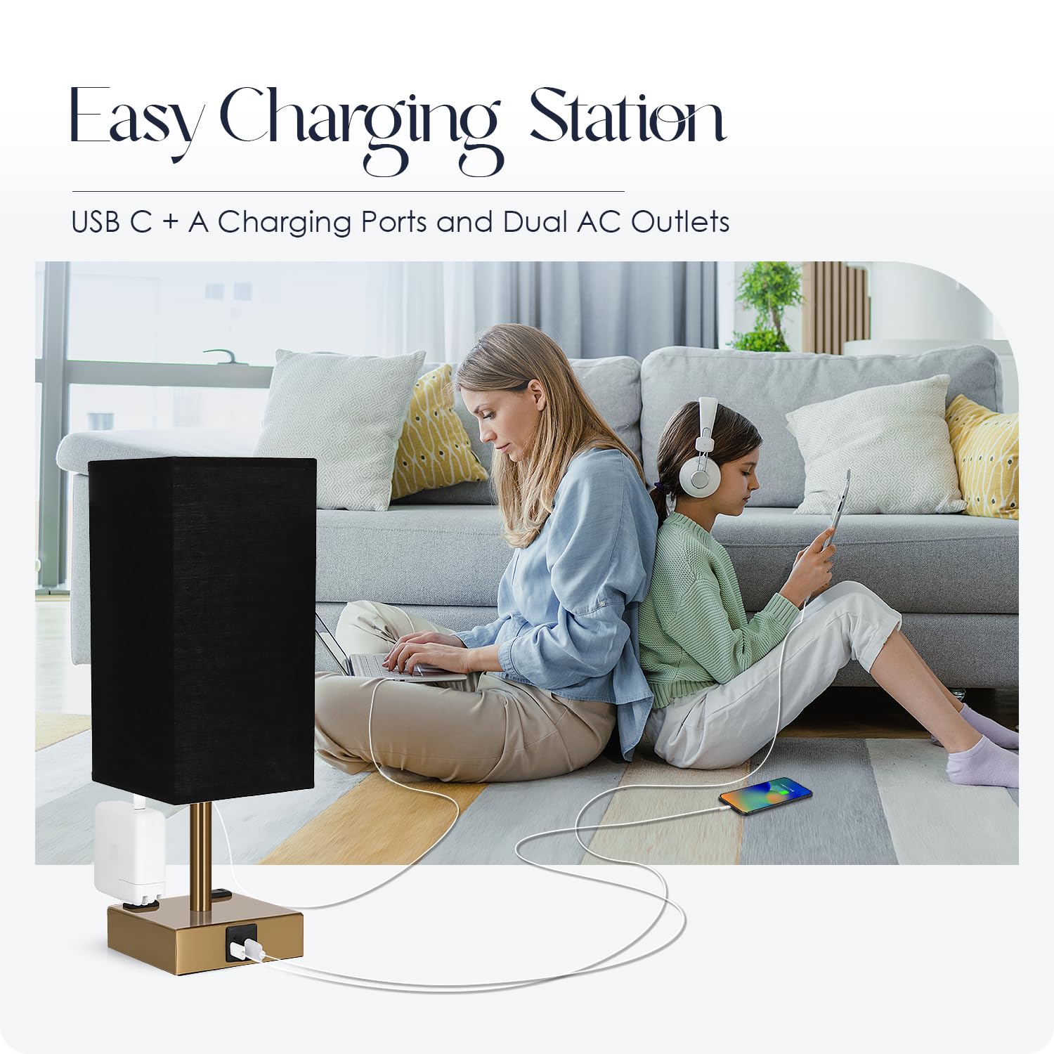 Bedside Lamp with USB Charging - Touch Control Nightstand Light -6