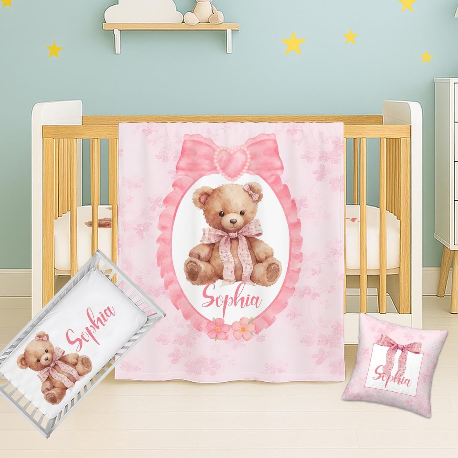 Personalized Baby Girl Crib Bedding Set, Custom Name Floral Rabbit Nursery Bedding, 3 Pcs with Flannel Blanket, Fitted Crib Sheet & Pillowcase for Newborn Infant Toddler