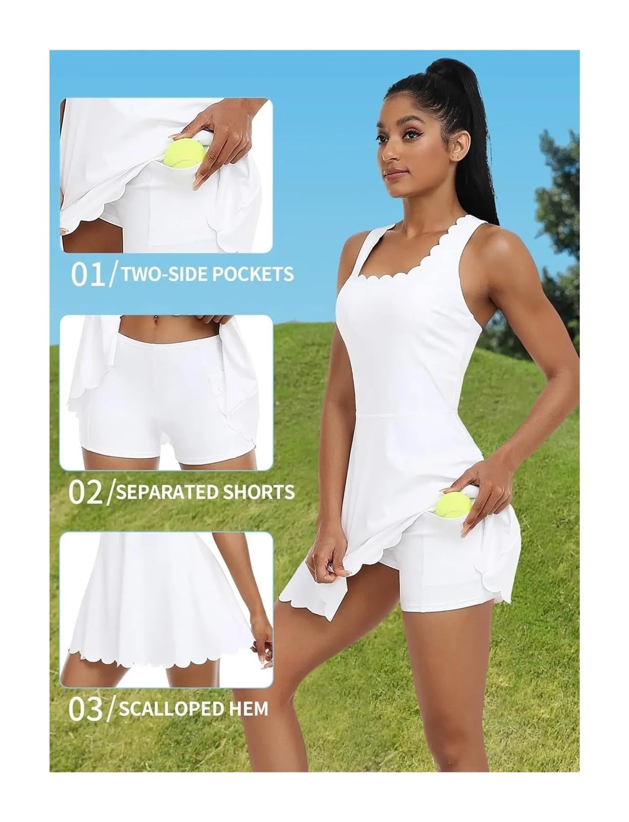 Vestido Tenis Mujer Vestido De Tenis For Mujer, Escote Festoneado, Diseño Espalda En V Acolchado Extraíble, Pantalones Cortos Separados con Dos Bolsillos Laterales, Golf