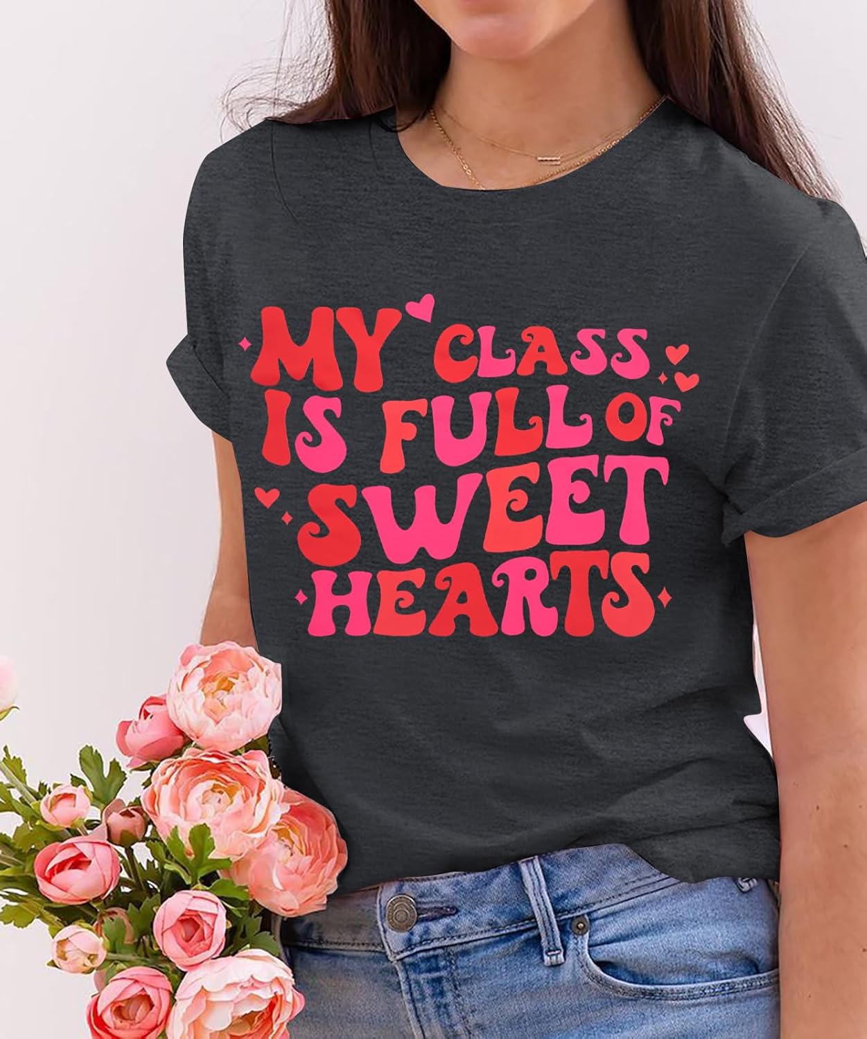 Teacher Shirt for Women Valentine Teacher Tshirt My Class is Full of Sweet Hearts Tee Short Sleeve Top - Image 2