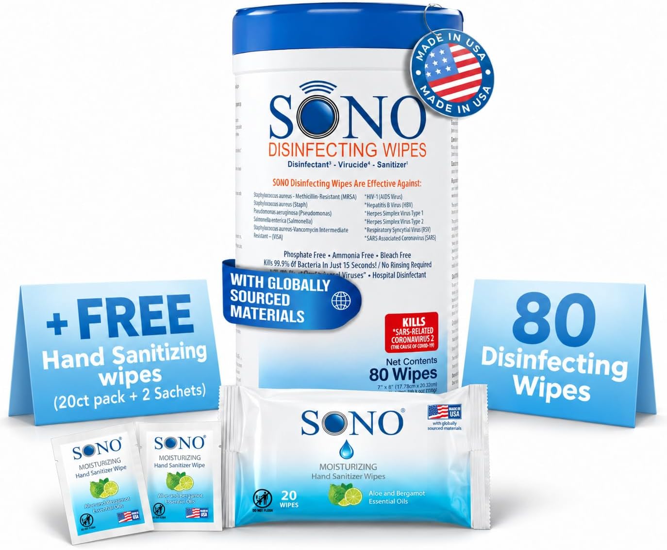SONO Disinfecting Wipes - Alcohol-Free, No Bleach, Medical-Grade I Multi-Surface Cleaning for Home, School, Office, Hospital, Gym I Gentle on Electronic Devices I Everyday Use I 80 CT