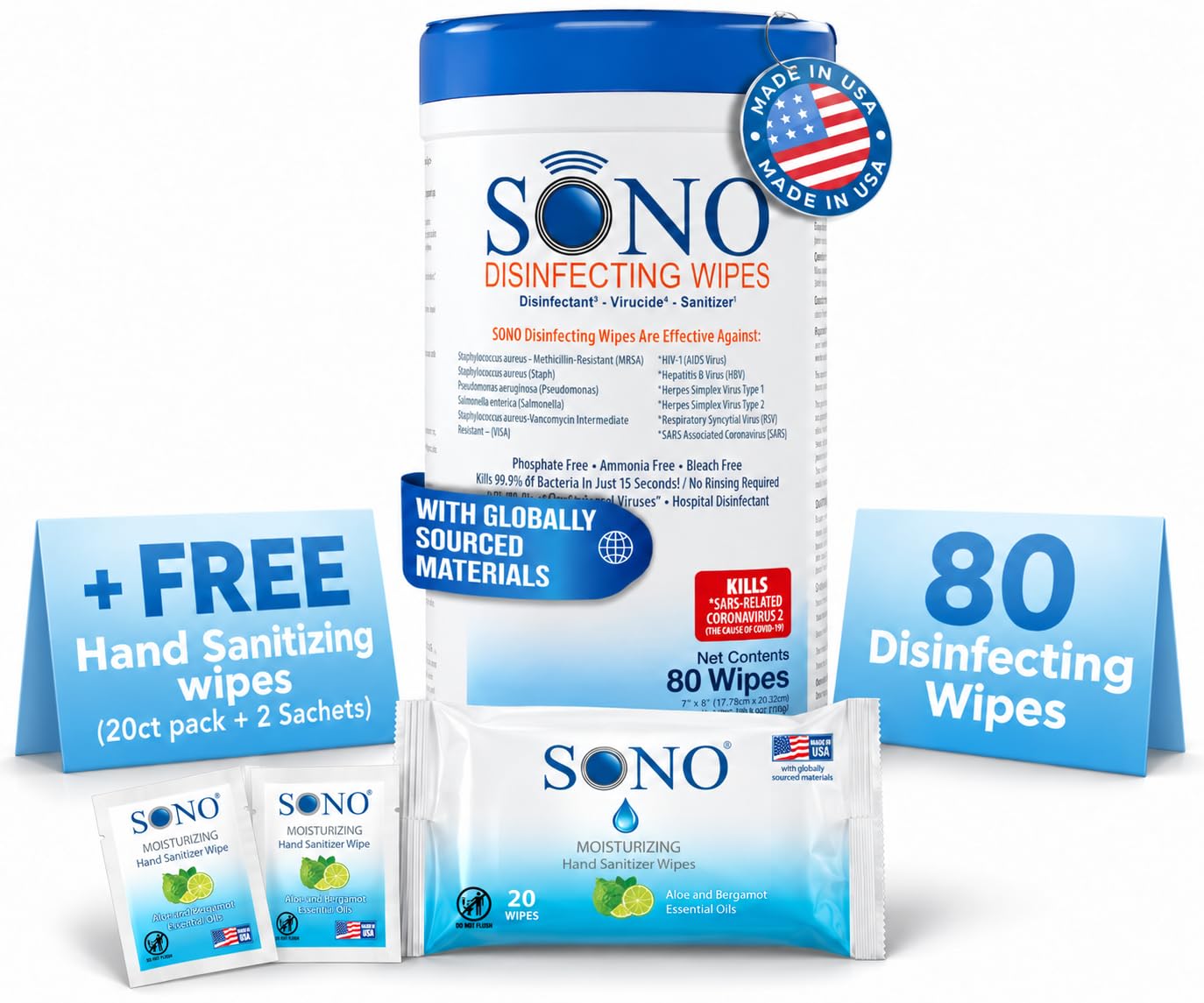 SONO Disinfecting Wipes - Alcohol-Free, No Bleach, Medical-Grade I Multi-Surface Cleaning for Home, School, Office, Hospital, Gym I Gentle on Electronic Devices I Everyday Use I 80 CT