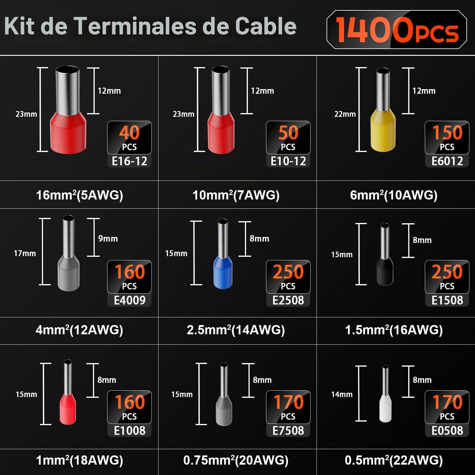 Kit de Crimpadora con 1400 Conectores, Alicates de Terminales AWG 28-5, Juego de Prensa de Cable Ajustable 0.08-16mm², Herramienta de Crimpado para Conectores de Cable