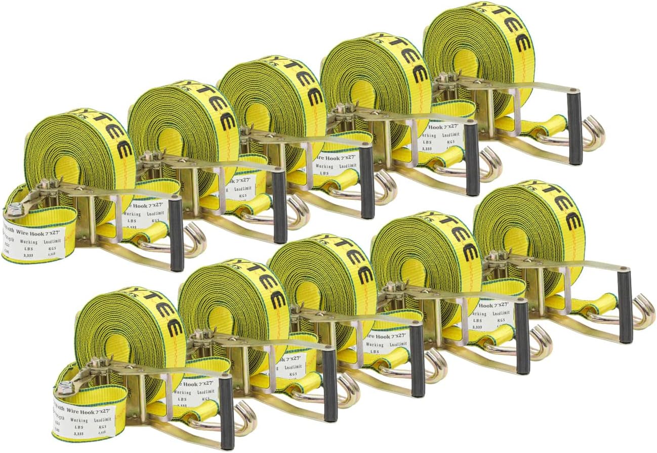 Mytee Products Ratchet Tie-Down Straps with Wire Hook, 2" x 27' Ratchet Strap | 10,000 Lbs Breaking Strength | Heavy Duty TieDown Ratchet Straps for Flatbed, Truck, Trailers Pickup (10 - Pack)