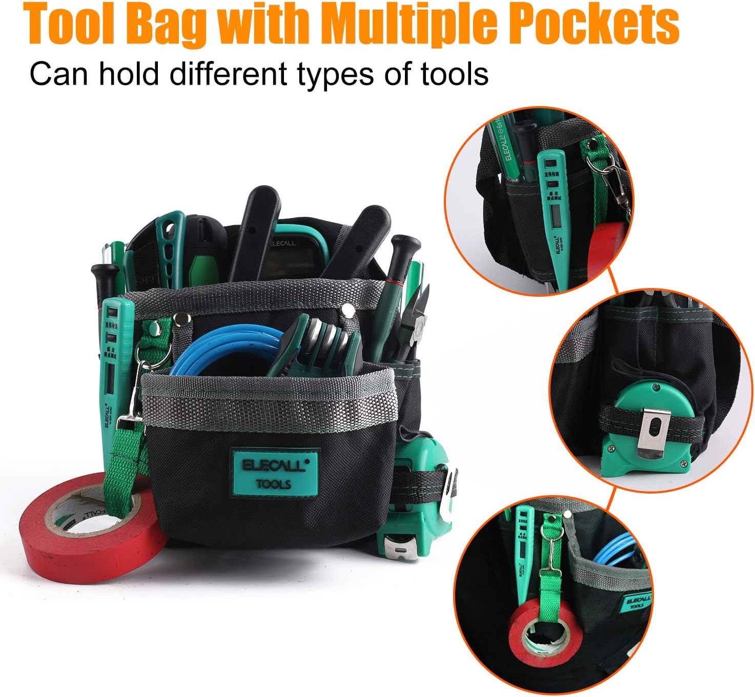 ELECALL Black Tool Pouch Bag with 6 Multiple Pockets Electrician Tool Belt Pouches and Heavy Duty Oxford Material Waist Tool Bag for Men 9"×8"