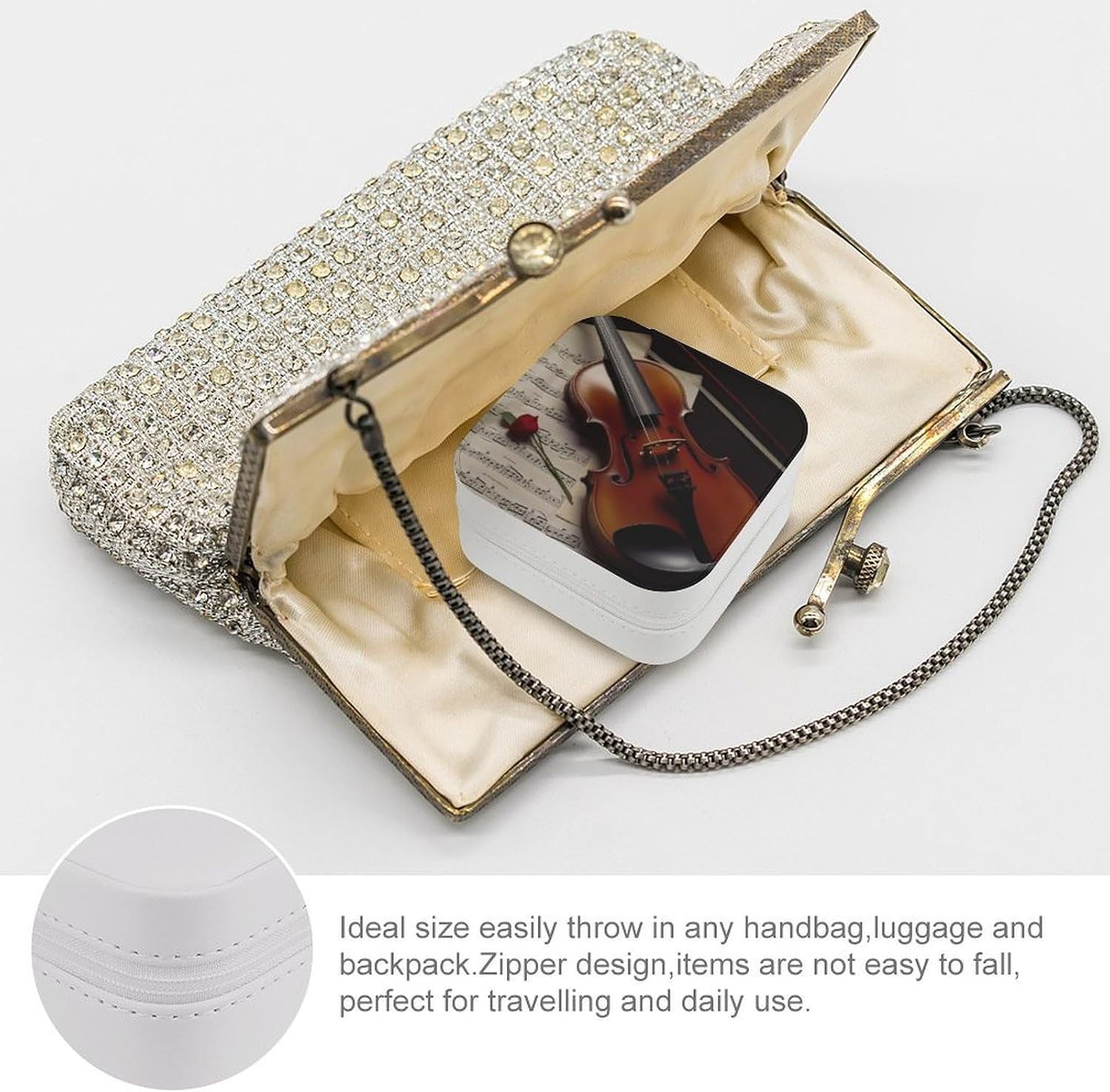 PU Leather Storage Box,Violin Sheet Music Printed Portable Jewelry Box Mini Travel Storage Box Women's Jewelry Storage Rack for Necklace Earrings Bracelets Rings image 3