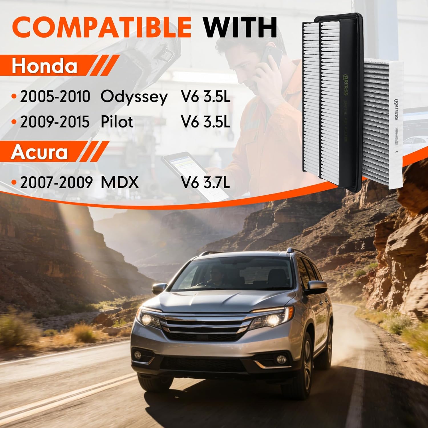 CA10013 Engine Air Filter and CF10134 AC Filter Compatible with Acura MDX 2007-2009, Hon-da Odyssey 2005-2010, Pilot 2009-2015.