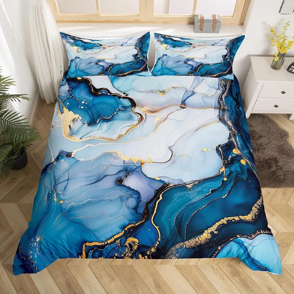 Housse de couette 260X240 marbre bleu marine parure de lit microfibre décoration chambre