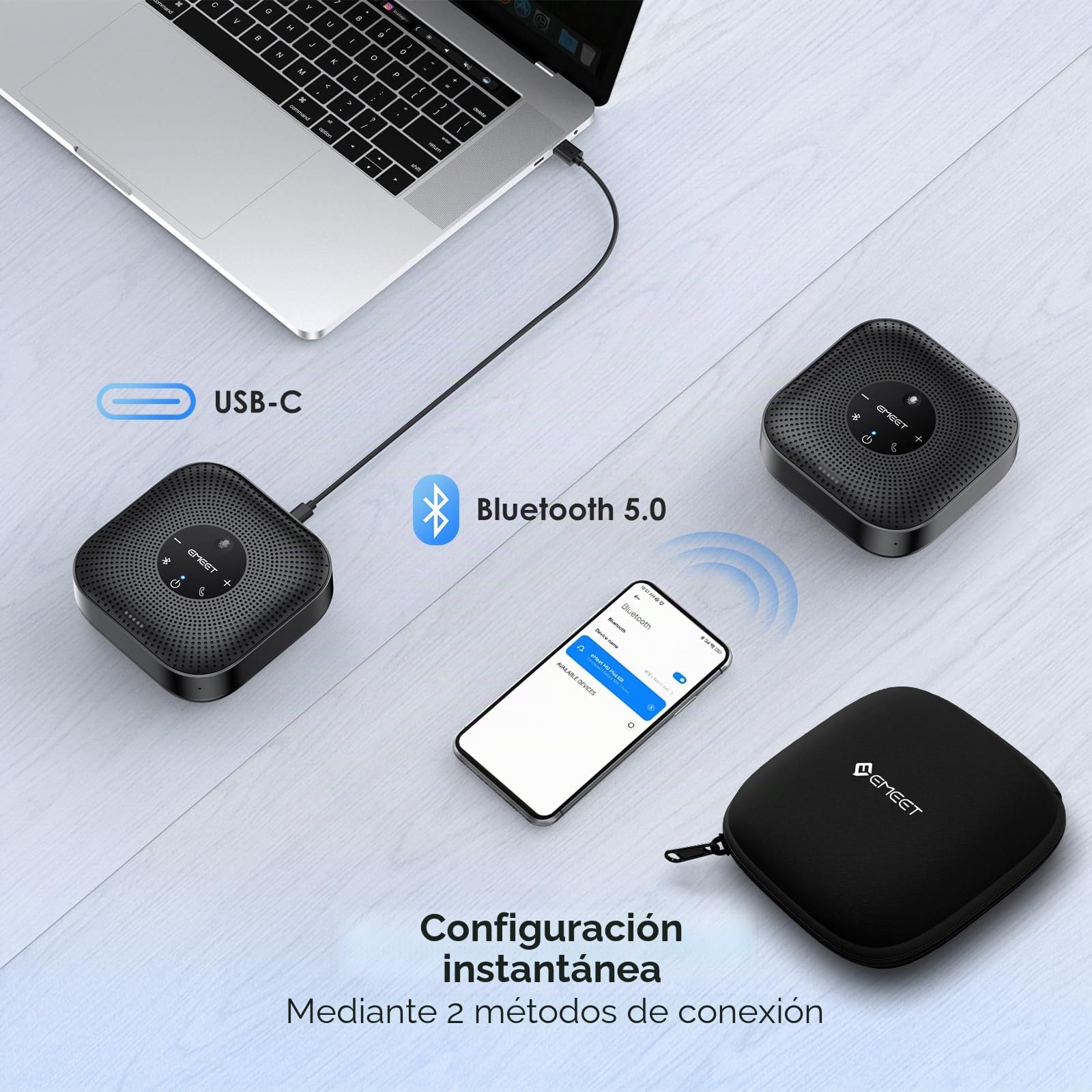EMEET Altavoz de conferencia M0 Plus, 4 micrófonos AI 360°, reducción de ruido, altavoz USB C, altavoz de conferencia Bluetooth para 8 personas con cadena de margaritas para 16 compatible con software