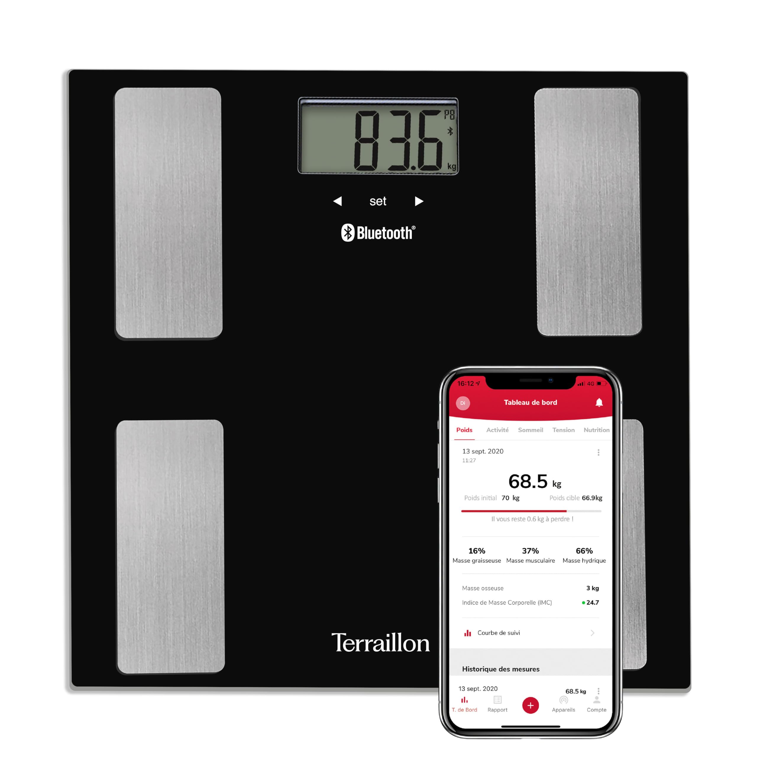 TERRAILLON - SMART CONNECT, Pèse Personne Connecté, Balance IMC, 8 Utilisateurs, Bluetooth Low Energy, Capacité 160Kg, Noir