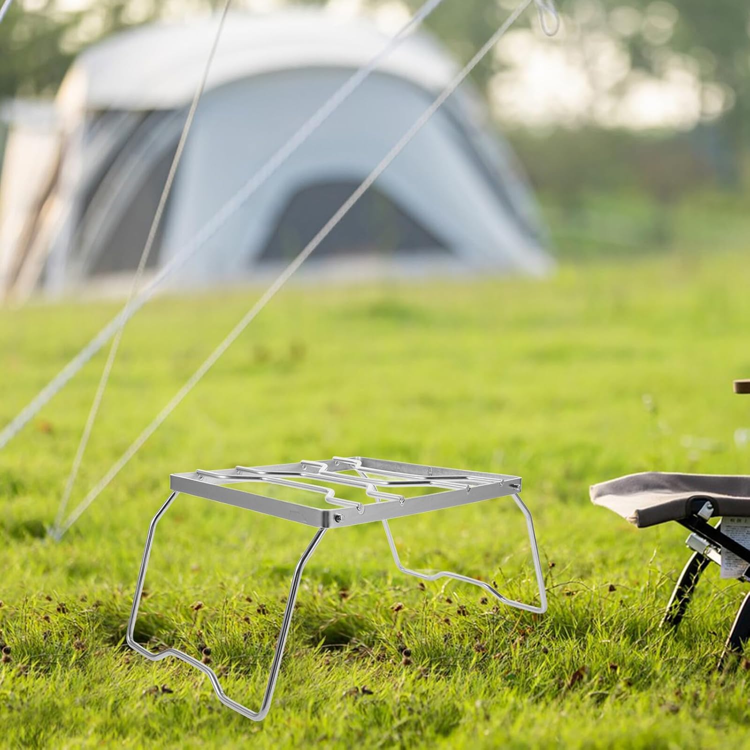 Portable Foldable Stainless Steel Stove Stand and Camping Grill Rack, Multi-functional Camp Kitchen Equipment for Outdoor Bbq and Campfire Cooking