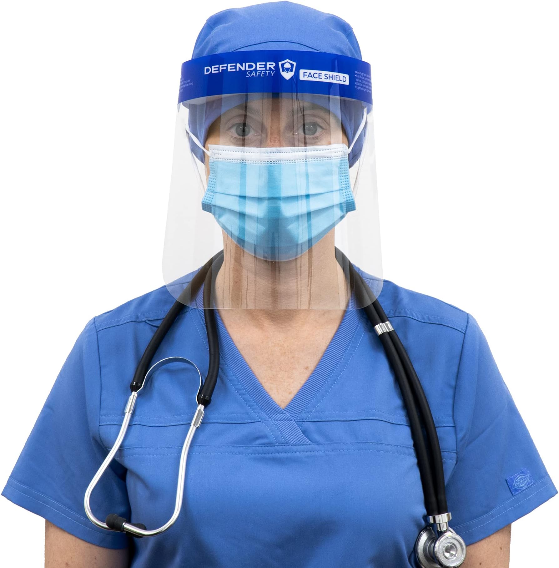 Defender Safety Face Shield 10 pack, All-Round Protection Headband with Clear Anti-Fog Lens, Lightweight Transparent Shield with Elastic Band