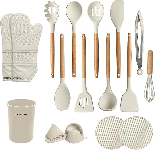 OVENTE Juego de utensilios de cocina de silicona, 17 herramientas de cocina resistentes al calor para utensilios de cocina antiadherentes con mango