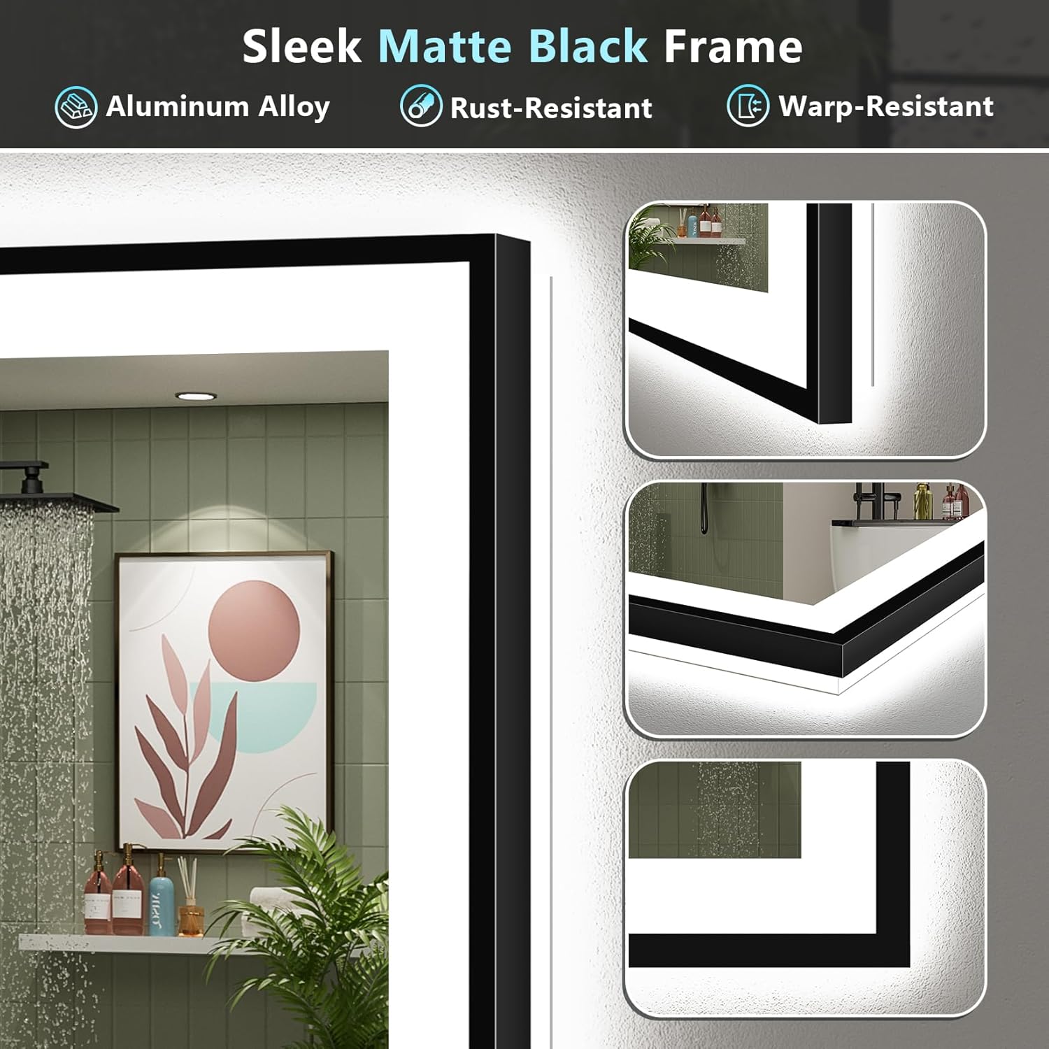 40x32 Black Framed LED Bathroom Mirror with Lights, Backlit and Front Lit Anti-Fog Lighted Vanity Mirrors for Bathroom Wall, Dimmable, 3 Colors, Memory, HD Tempered Glass, Horizontal/Vertical
