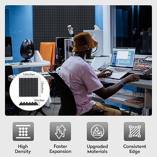 Miniatura 2 de Paquete de 24 paneles de espuma acústica autoadhesivos, paneles de pared piramidales de alta densidad insonorizados para estudios, cine en casa,