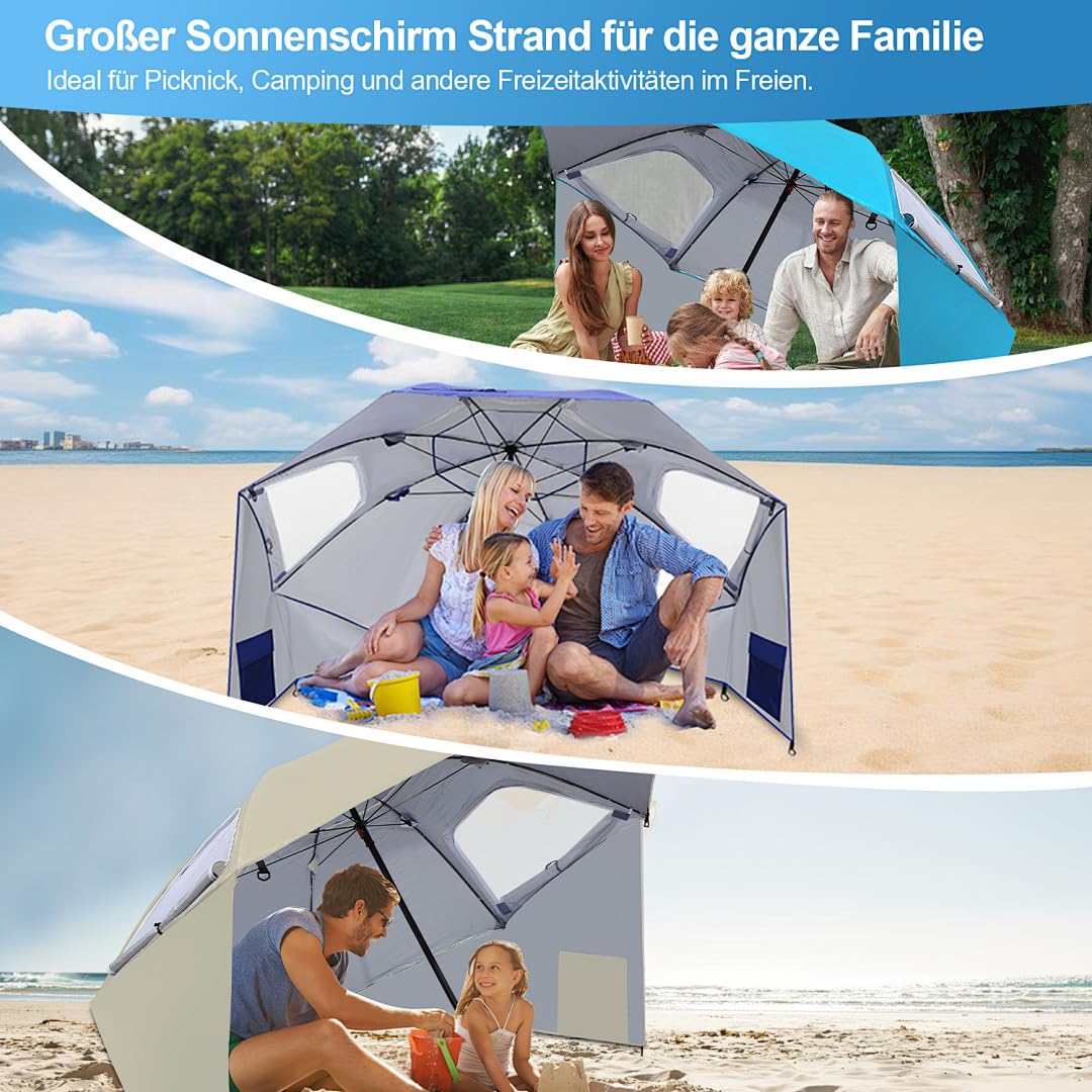 Parasol przeciwsłoneczny, namiot plażowy 2 w 1, UV50+, Ø 210 x 220 cm, dla 2-4 osób, składany, z oknem, śledziami i torbą do noszenia, ochrona przed wiatrem, na plażę, do ogrodu, na kemping