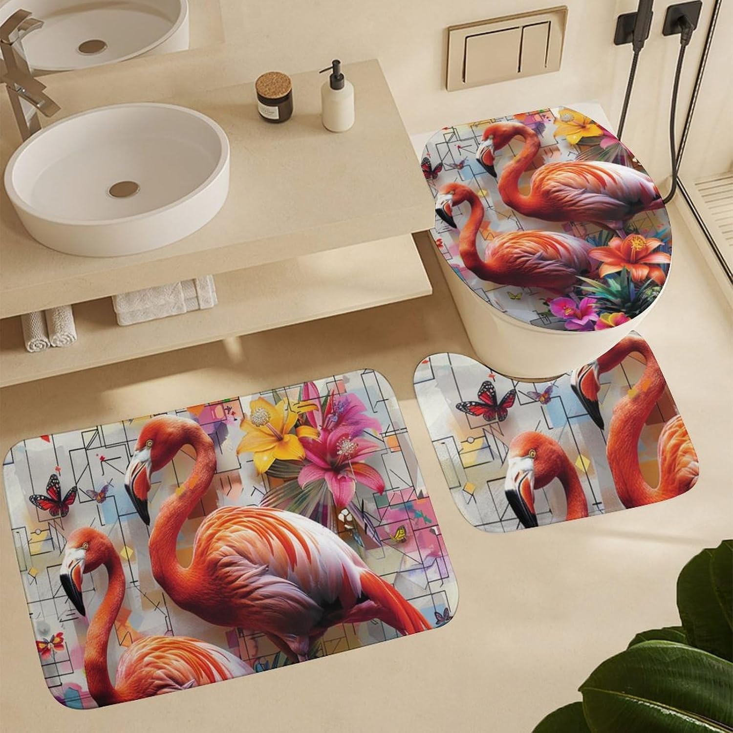4Pcs Flamingo Stripe Geometric Shower Curtain Sets with Rugs, Toilet Lid Cover and Bath Mat, Pineapple Floral Leaves Bathroom Shower Curtains Set with 12 Hooks