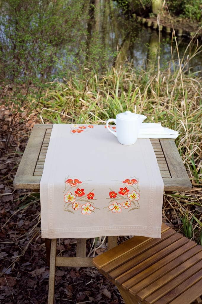 Vervaco Cross Stitch Table Runner Kit Poppies and Vanilla Flowers 16" x 40"