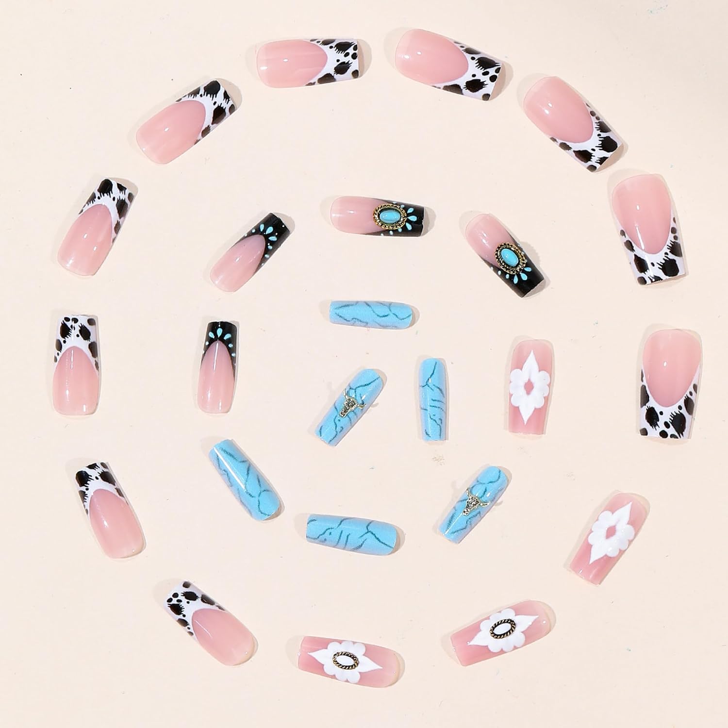Medium Square Press on Nails Turquoise Fake Nail 24Pcs