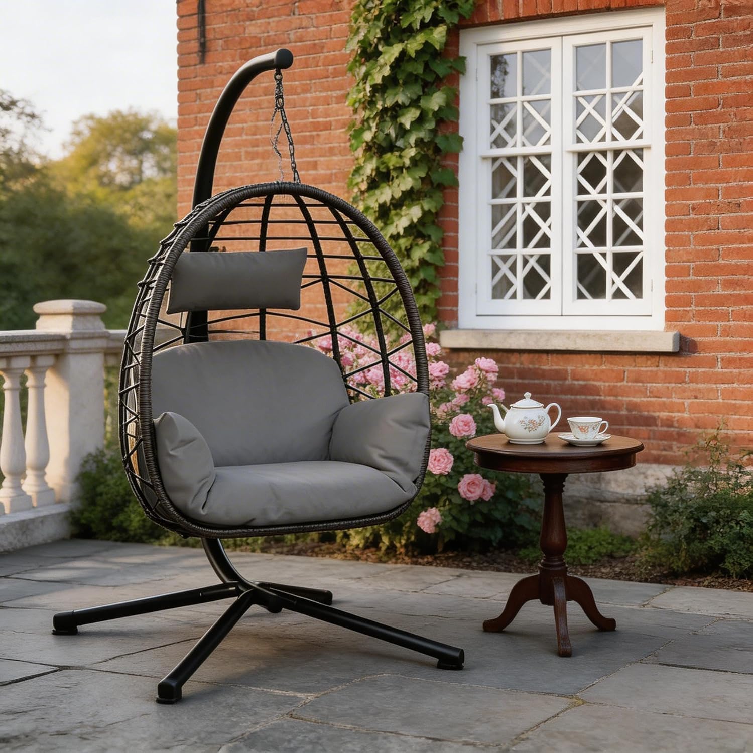 GarveeMore Hanging Egg Chair with Stand, Rattan Garden Swing Chair, Grey