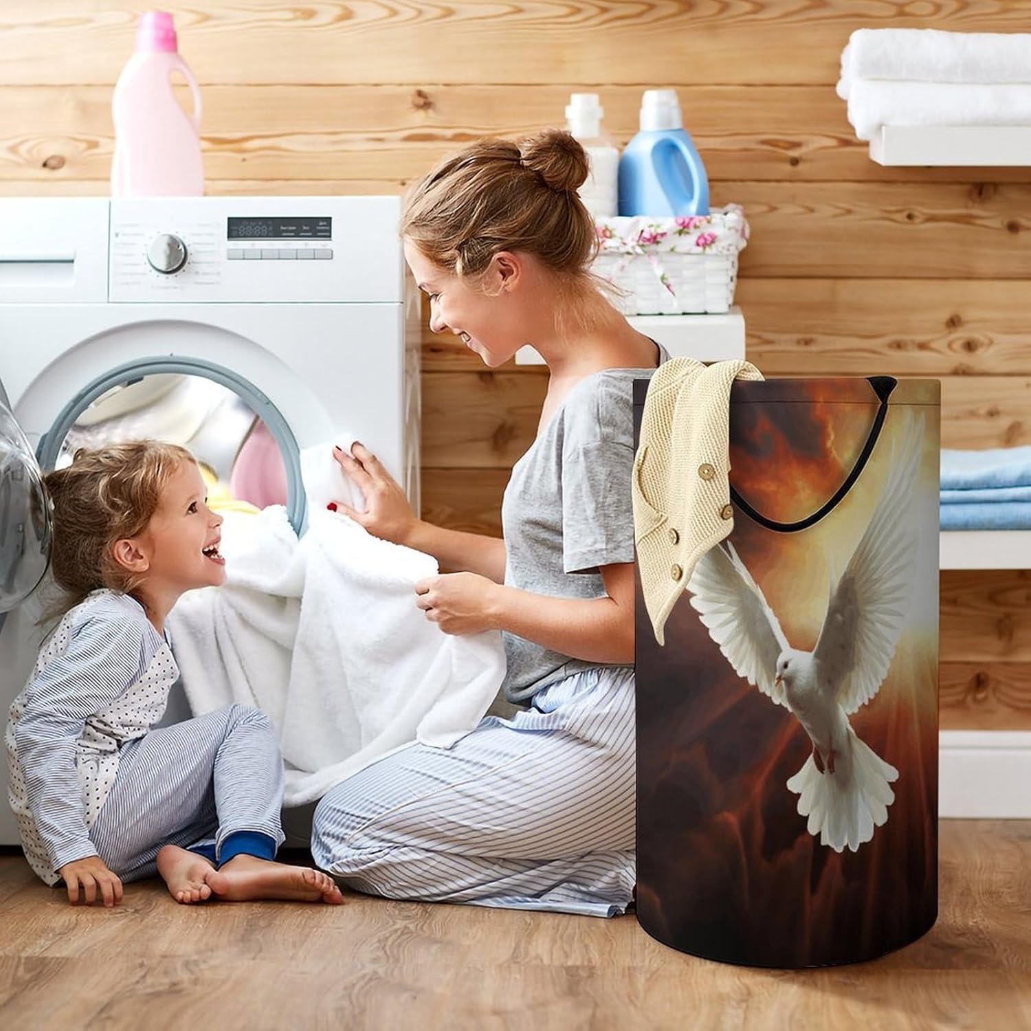 Dove Sun Art Laundry Hamper with Handles Waterproof Collapsible Laundry Basket Large Lightweight Round Dirty Clothes Hamper for Home Dorm Bathroom Decor