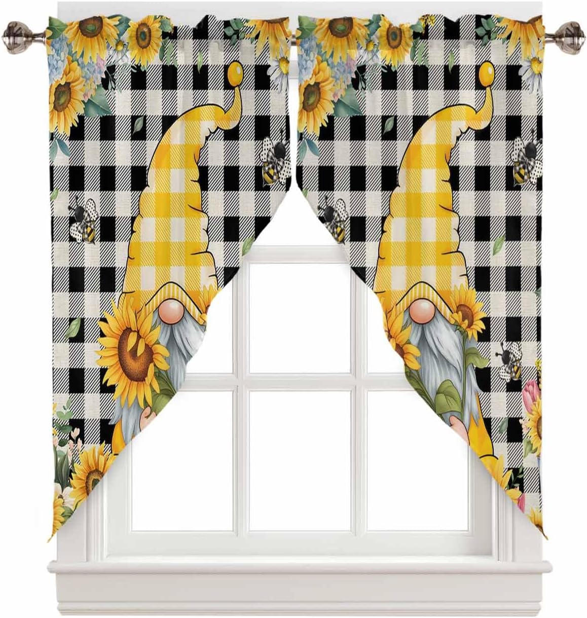 Swag Curtain Valance for Kitchen, Sunflower Gnome Bees Flowers Vintage Black Plaid Window Treatment Rod Pocket Bedroom Tier Curtains for Bathroom Farmhouses 28"x36"x2