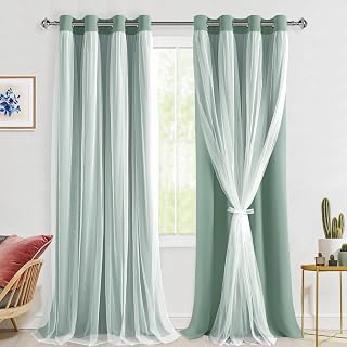 Hiasan Blackout Curtains with Sheer Overlay, Sage Green, 52W X 108L, 2pcs