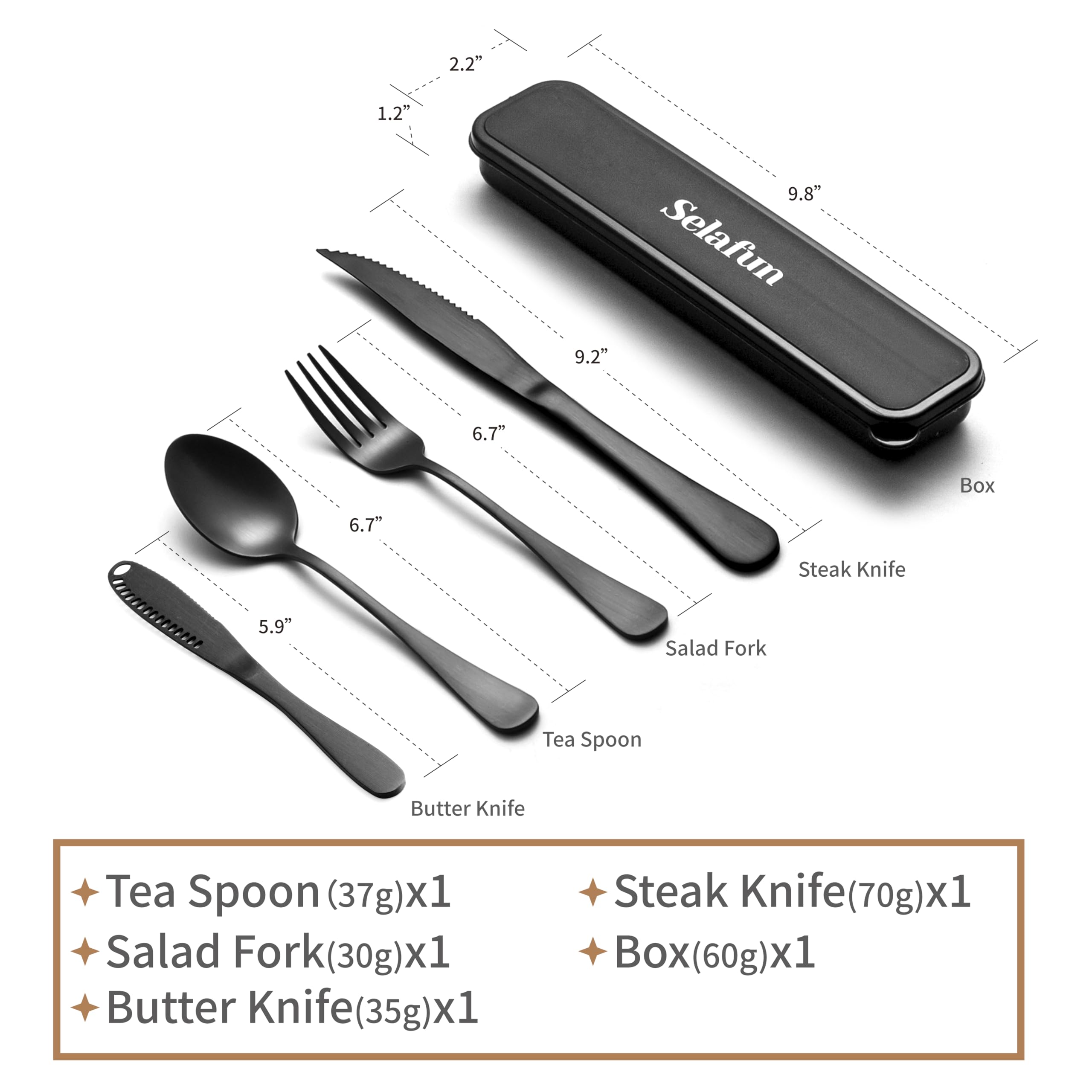 Selafun 5-pieces Travel Set with Case Portable Silverware Utensils Set for work, Stainless Steel Reusable Flatware Set Cutlery Set for Camping Picnic Hiking Office, (matte black, 5.9)