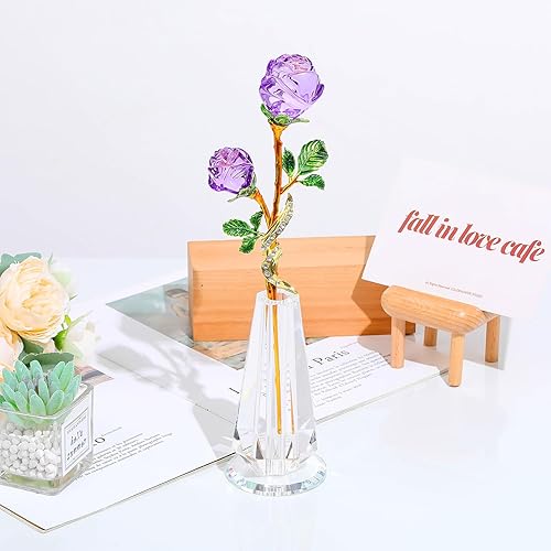 Miniatura 7 de YWHL Figura de cristal hecha a mano con florero, ramo de flores de cristal, adorno de rosas para esposa, mujer, flor de cristal, decoración de mesa