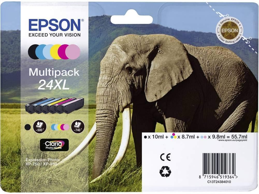 24XL Elephant High Yield Genuine Multipack, 6-colours Claria Photo HD Ink Cartridges, Black/Yellow/Magenta/Cyan, XL High Capacity