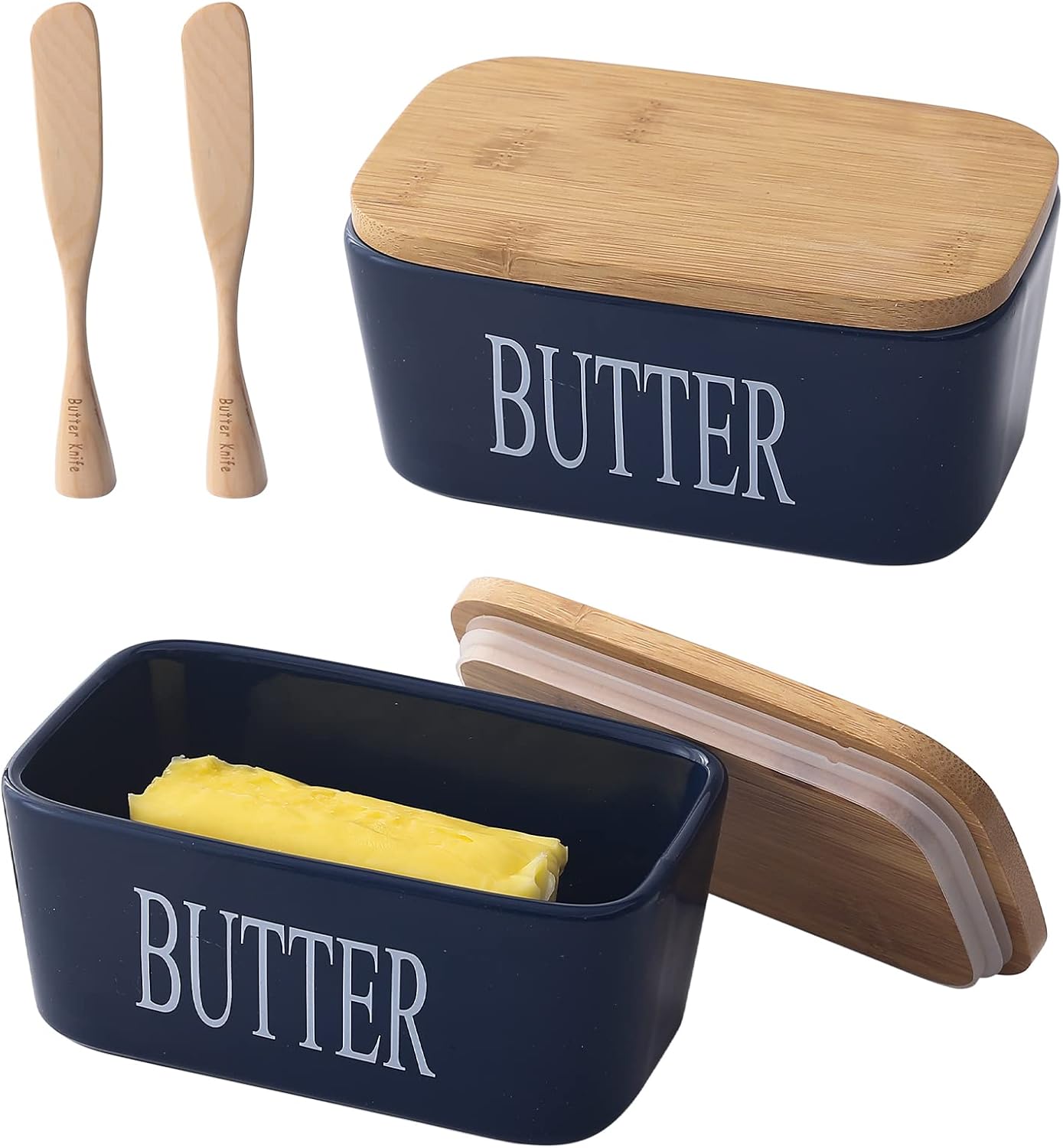 Ceramic Butter Dish with Cover, 21 OZ Porcelain Airtight Butter Keeper with Standable Wooden Knife & Bamboo Lid for Countertop, Navy Blue, Set of 2