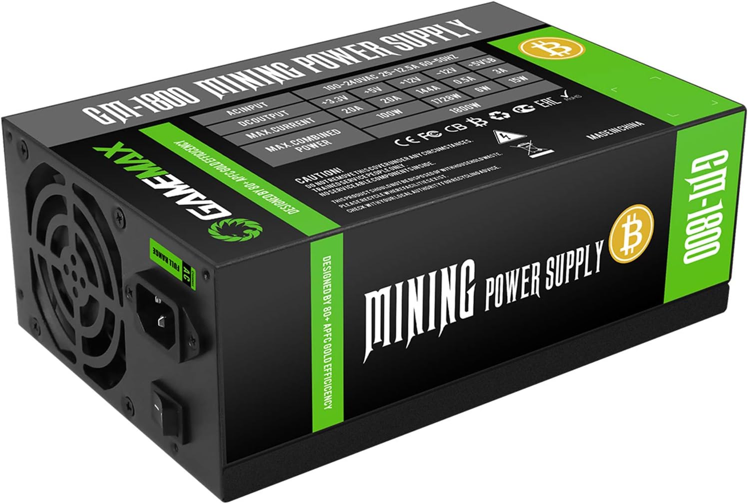 GameMax GM1800 1800w Power Supply, 90% Efficiency, Double 8cm Fan Intake and Exhaust, 9 Sata Cables, Power and Performance | Black
