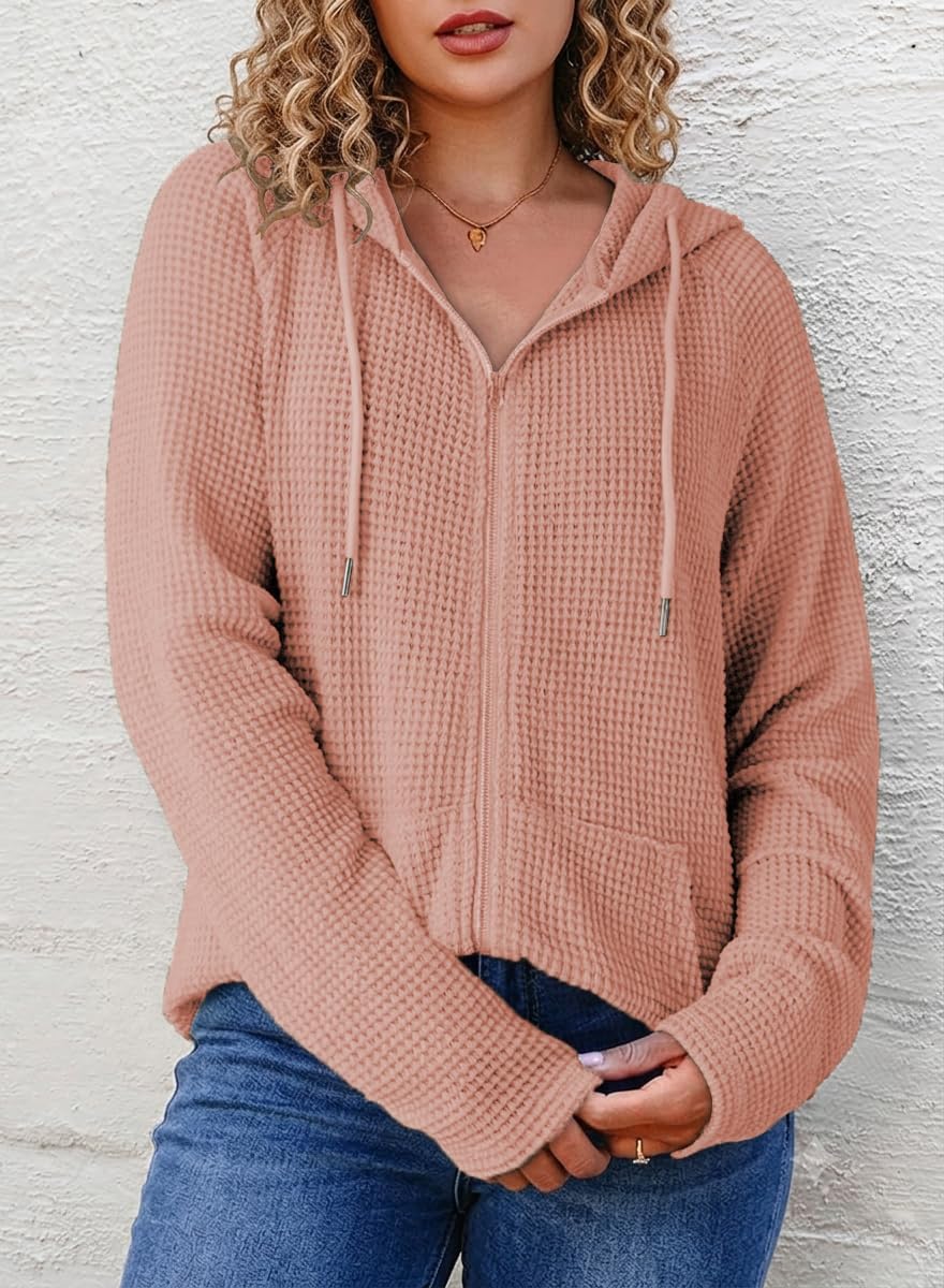 ForHailey Women's Plus Size Zip Up Hoodies Waffle Drawstring Sweatshirt image 2