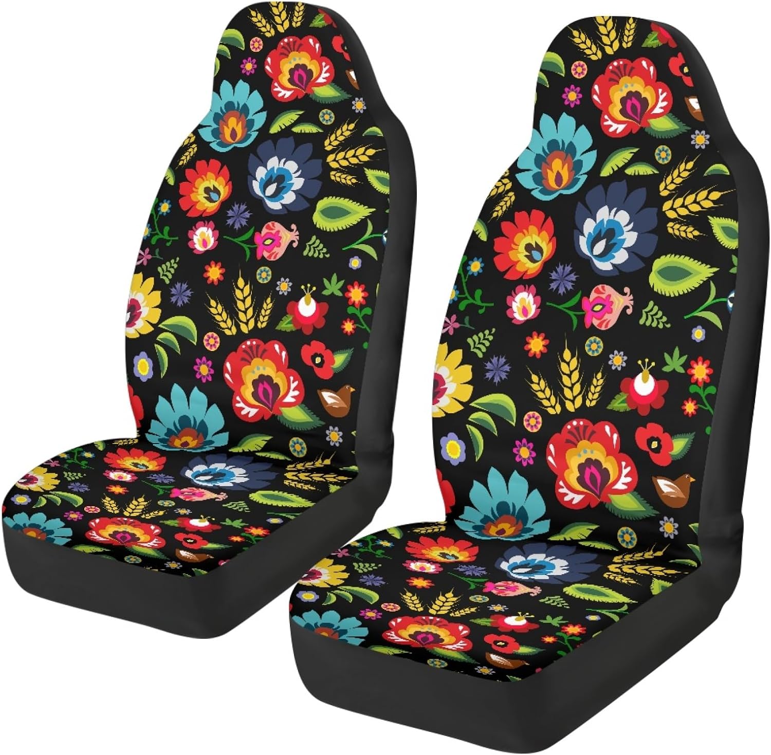 Bulopur Black Boho Floral Car Seat Covers Front Seats Only for Women Men Seat Covers w/Organizer Pocket for Cars SUV Truck Sedan