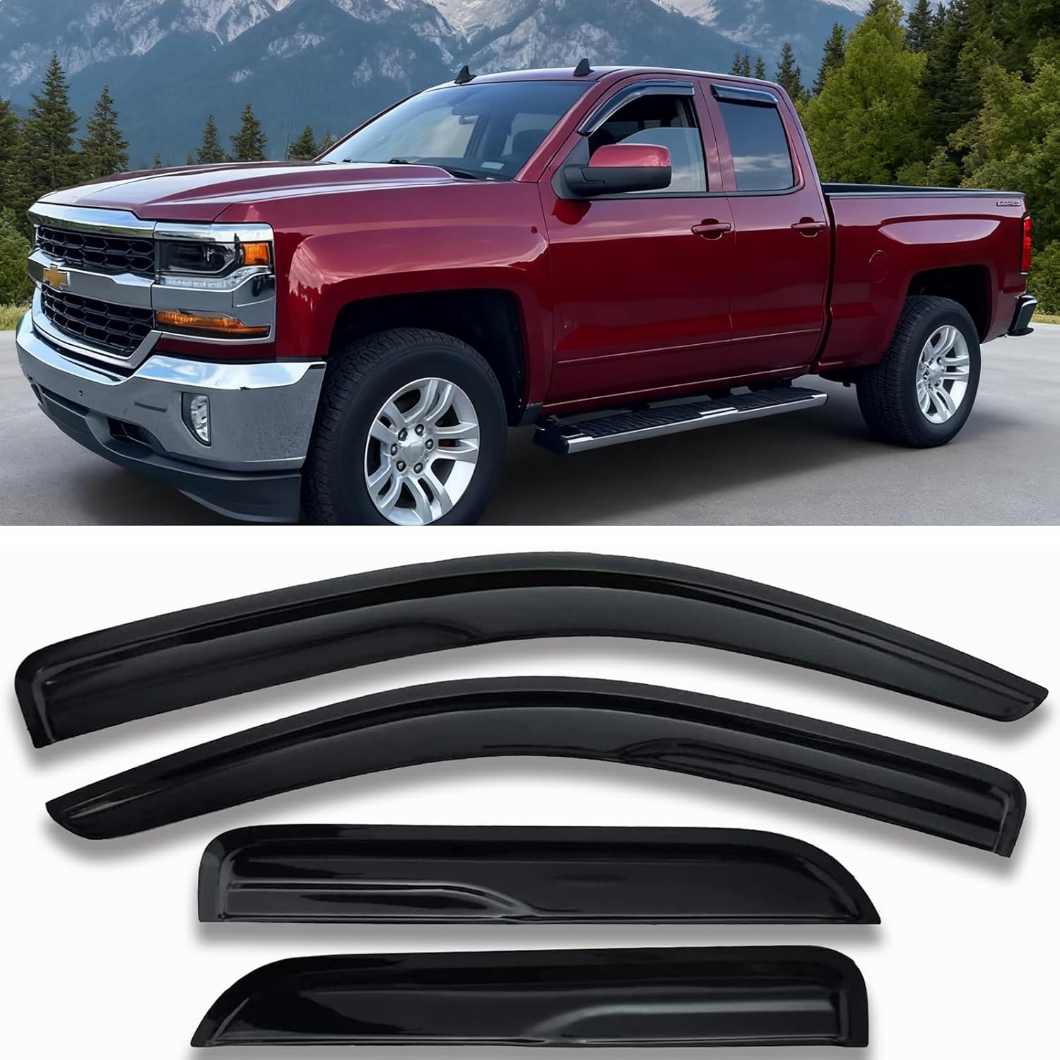 Tape On Side Window Deflectors Vent Window Visor for 2015-2018 Chevy Silverado & GMC Sierra 1500 2500HD 3500HD Double/Extended Cab Rain Guards Sun Shade 4PC-Set Truck Accessories Double/Extended Cab 4pc