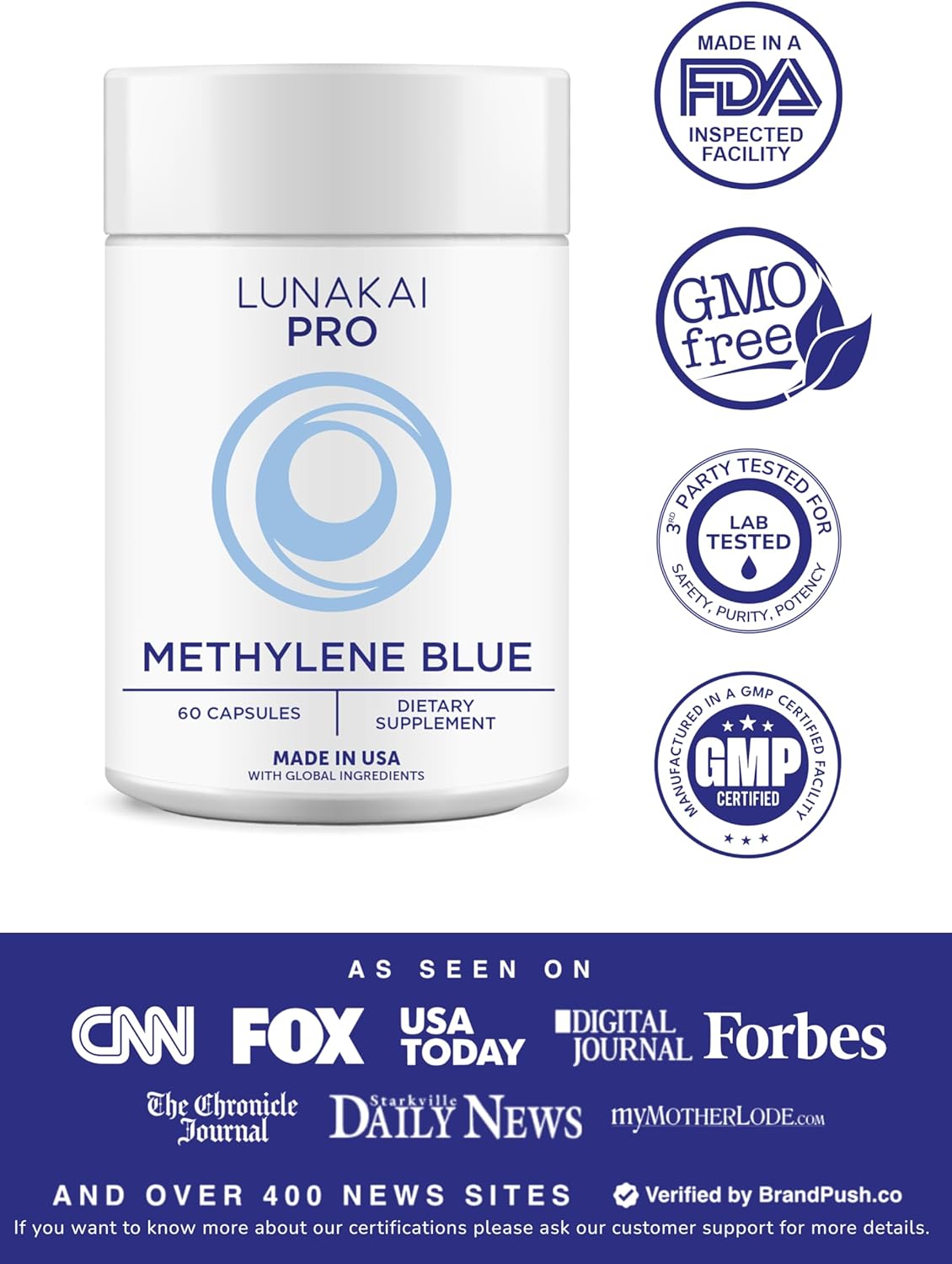 Lunakai PRO USA Made Methylene Blue Capsules Pharmaceutical Grade with Vitamin C, B6, B12 – 3rd-Party Tested Daily Brain & Focus Support Supplement for Humans, 60ct - Image 2