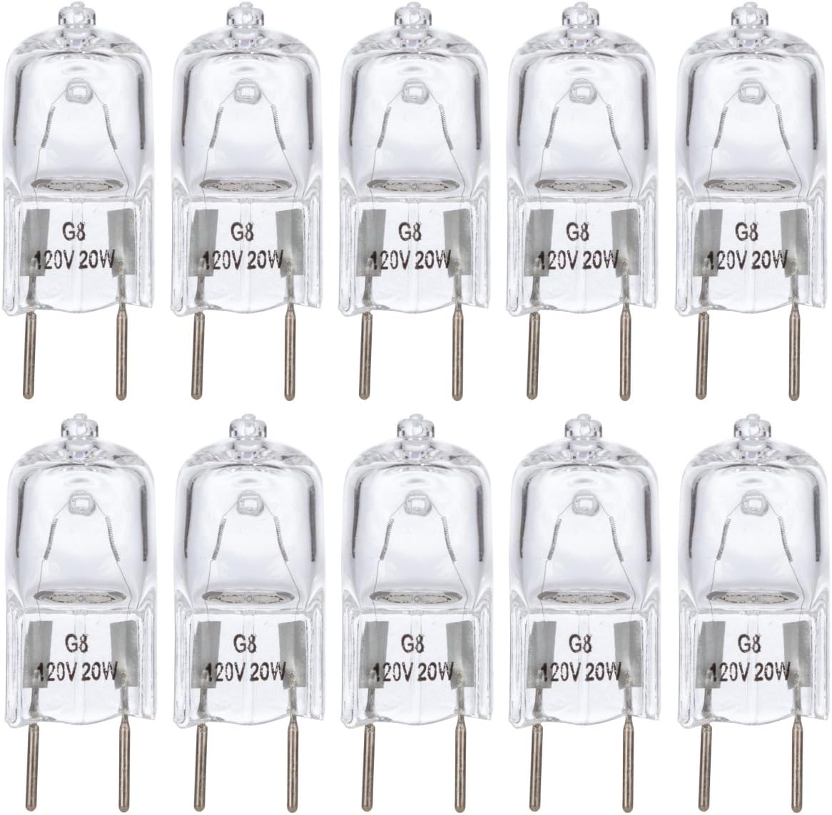 Halogen Light Bulb G8 T4 20W JCD Bi-Pin (10 Pack) Shorter 1-3/8" (1.38") Length for Under Cabinet Puck Lights, Kitchen Hood, Landscape Lights, Desk Lamps 120V Dimmable, 2700K Warm White