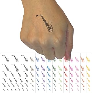 Alto Saxophone Woodwind Musical Instrument Temporary Tattoo Water Resistant Fake Body Art Set Collection - Dark Blue (One Sheet)