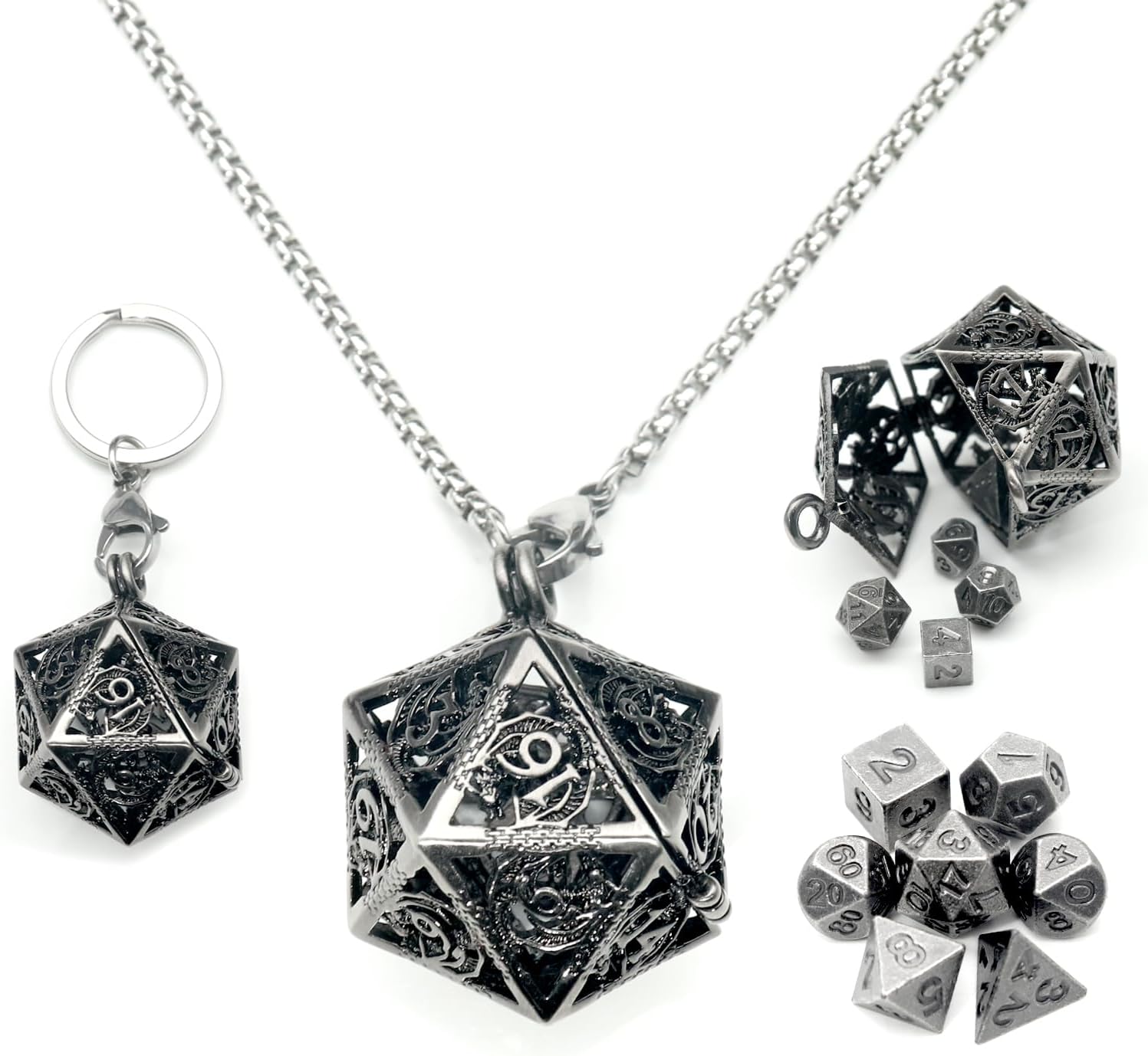 Haxtec Mini Metal DND Dice Set with Hollow Necklace Dice