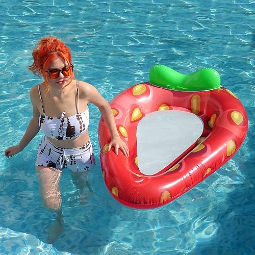 Miniatura 5 de Flotadores inflables de fresa para piscina, juguetes grandes para niños y adultos, balsa de lago con reposacabezas, tumbona inflable de verano,