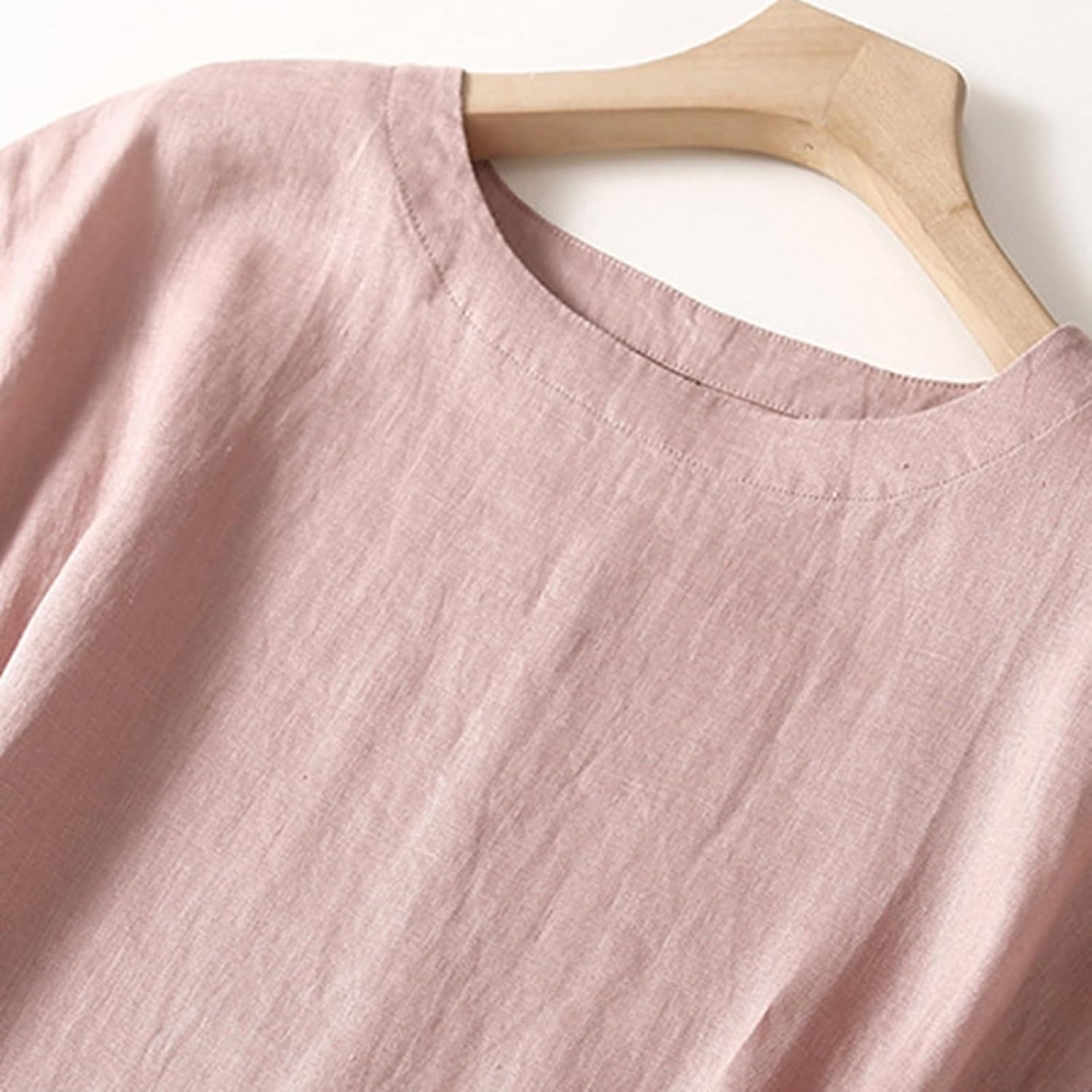 [yaeru] 低身長 ワンピース 50代 ワンピース レディース 夏 着痩せ 丸首 半袖 無地 シャツワンピース コットン リネン ミドル丈 ロング ワンピース リボン 体型カバー tシャツワンピース 大きいサイズ クルーネック デイリーに大活躍 雑誌風 お出掛け(001-ピンク,M)