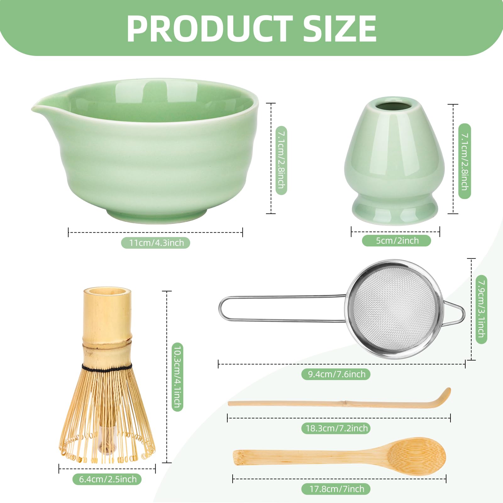 Matcha Set de 6 Piezas – Kit de Ceremonia Japonesa de Matcha con Cuenco de Matcha,Batidor de Matcha de Bambú,Soporte para Batidor,Colador, Cuchara y Pala – Set de Regalo para Amantes del Matcha