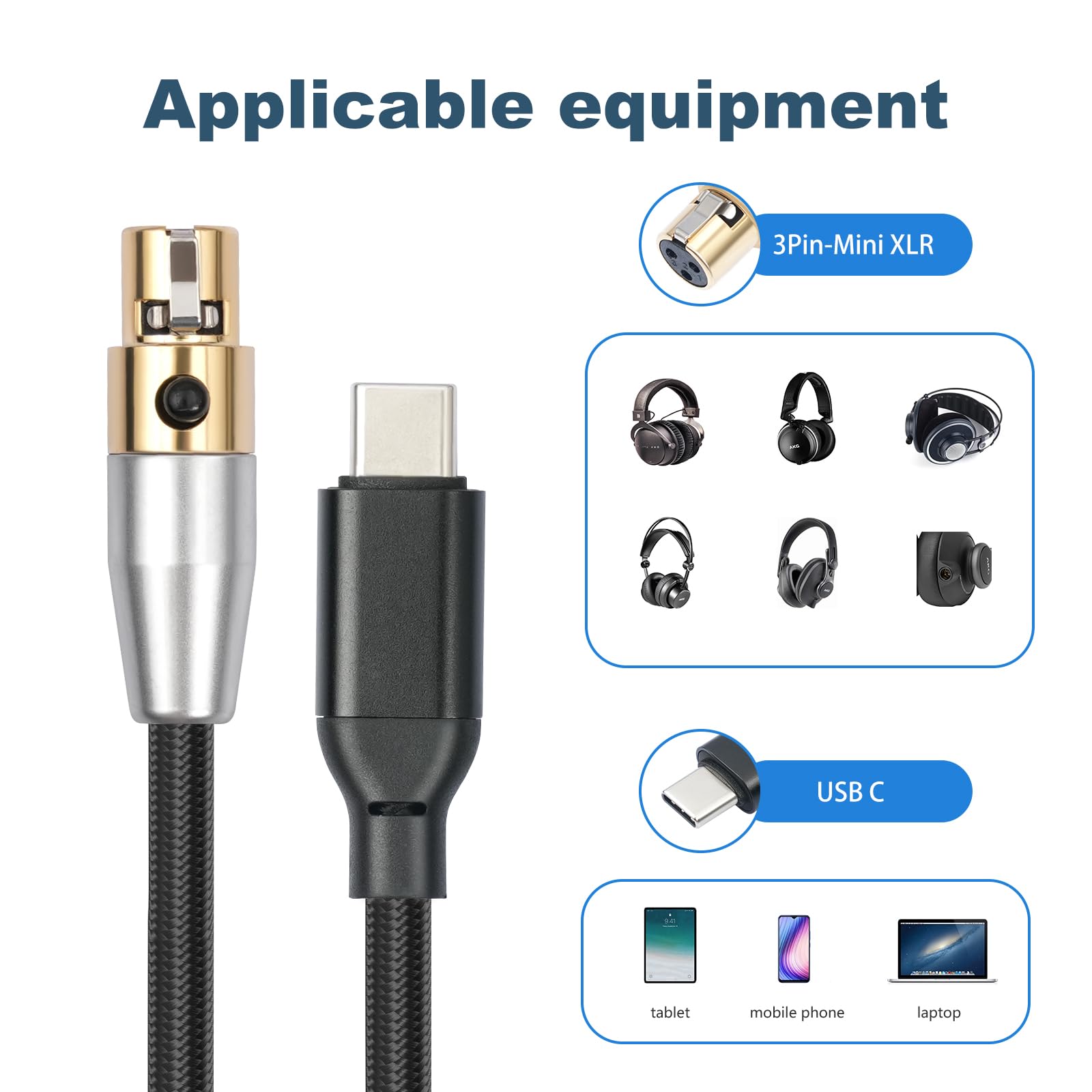 HUALEU 3FT USB C to 3Pin Mini XLR Female Stereo Replacement Headphone Cable,32Bit/384Khz/SNR 120DB HiFi Replacement Cable for AKG K240/K240MK II / K702 / K271s /K182/K175/K181/K371/Q701 Headphones