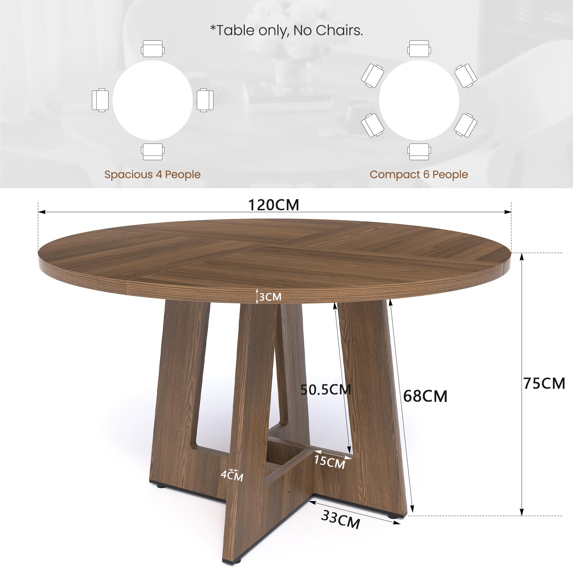 APICIZON Table de salle à manger ronde pour 4 à 6 personnes, table de salle à manger en bois de 120 cm, sans vacillement, durable, pour cuisine et salon, facile à assembler, marron (table uniquement)