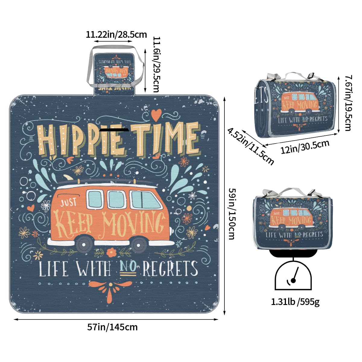Shimoshe Picnic Blankets 57”x 59”, Flower Bus Waterproof Sandproof Picnic Mat Lightweight Foldable Beach Blanket for Camping Park Grass Beach Outdoor Blanket