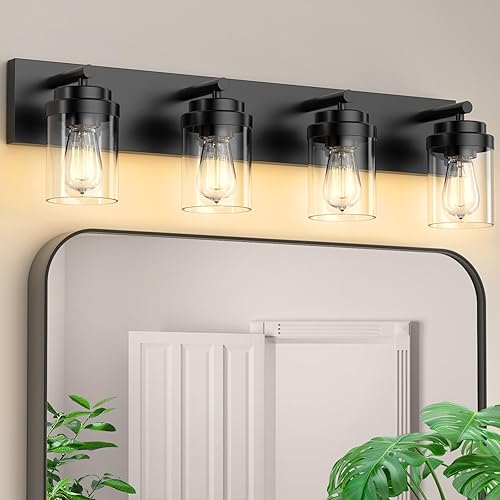 IZORRO Lámpara de tocador de baño, 4 luces de 27.5 pulgadas, color negro mate, con pantalla de vidrio transparente, luces modernas de tocador de