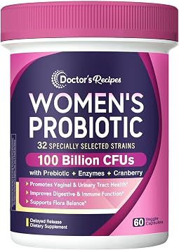 Doctors Recipes Probiotics for Women, 100 Billion CFU 32 Strains, 60 Caps | Womens Probiotics with Prebiotic, Enzymes & Cranberry, Shelf Stable, Delayed Release, Vegan, Non-GMO