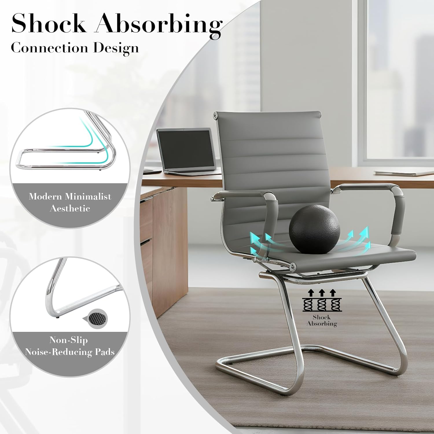 CIMOTA Waiting Room Chairs Leather Office Guest Chair Mid Back Reception Chairs with Sled Base for Meeting/Patient/Conference Room, Grey Set of 2